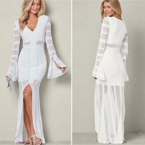 Venus Long White Crochet Knit Sweater Dress With Bell Sleeves